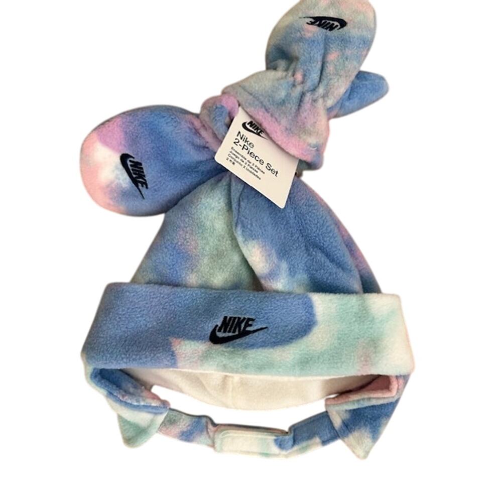 Nike Futura Fleece Trapper Hat & Mittens Set Blue Purple Green 2T-4T New